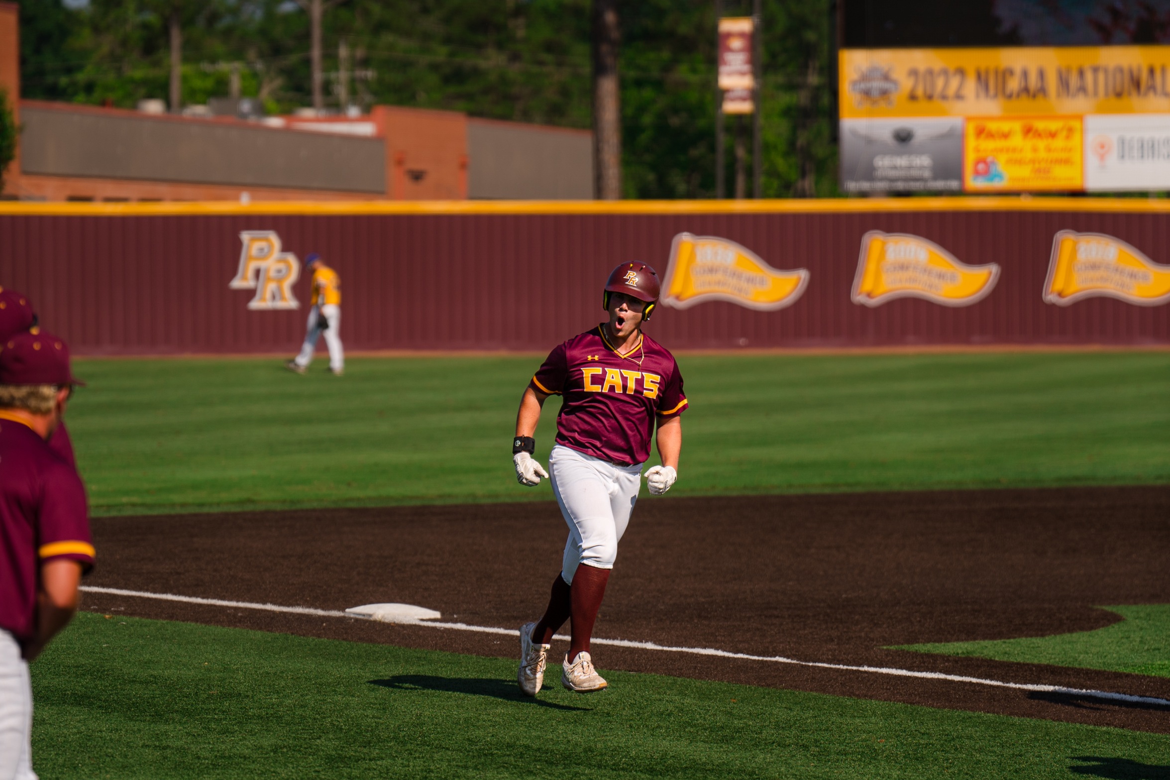 Caston Thompson (Jayess; Brookhaven Academy) celebrates after hitting a three-run homer against LSU Eunice (River Roderick).