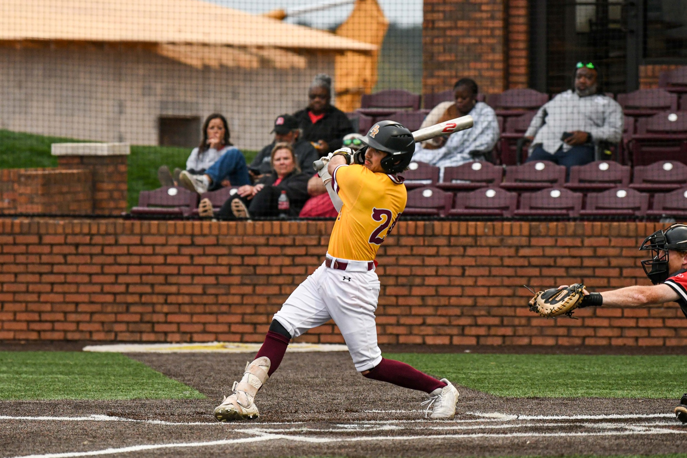 Connor Dyess (Carriere; Pearl River Central) puts a ball in play against Mississippi Delta (Keshawn Pough/PRCC Athletics).