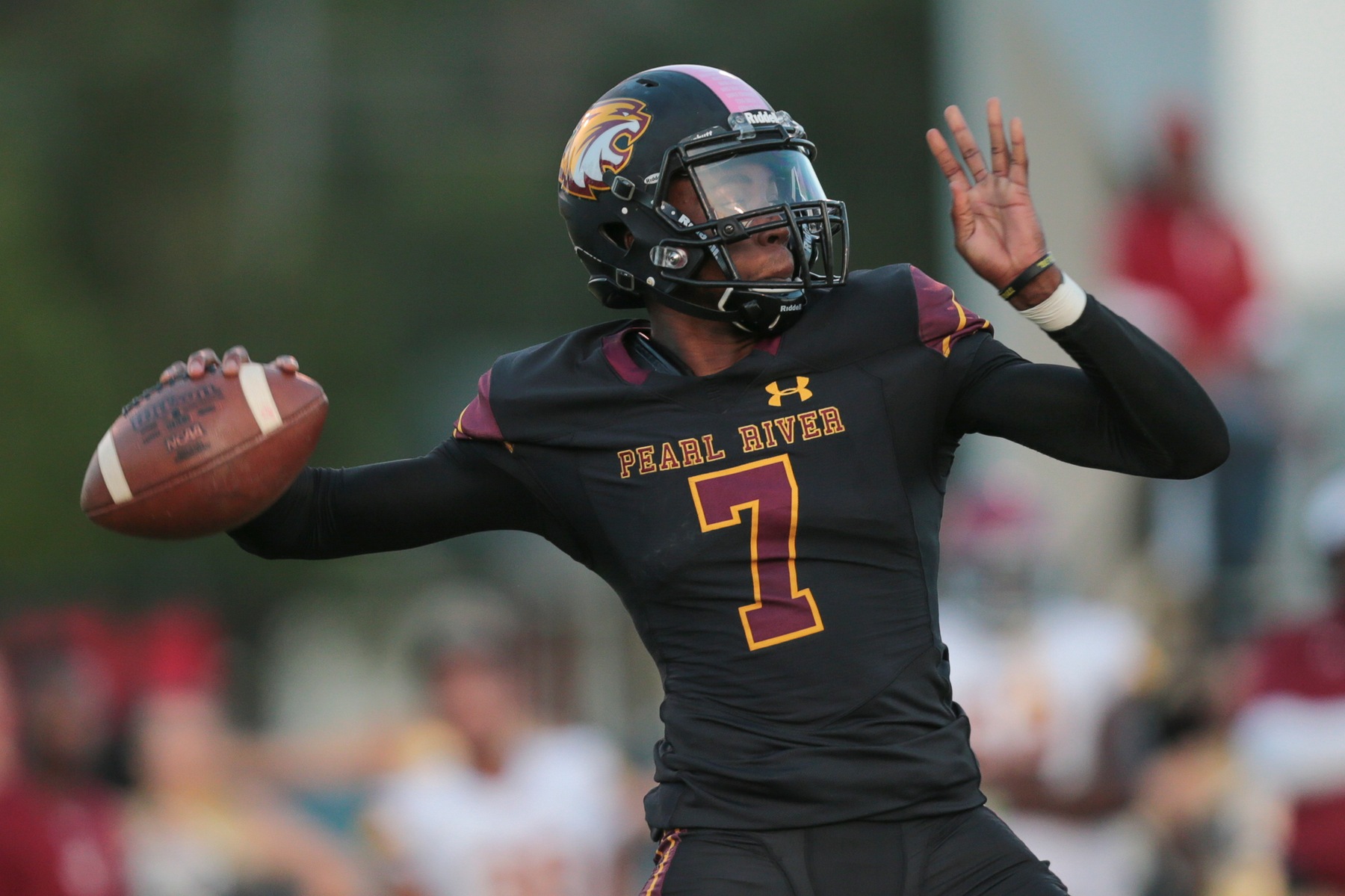 Pearl River's Tavis Williams passes during Thursday's 'Cat Fight' against visiting Jones College at Dobie Holden Stadium in Poplarville. JC won 48-7. (JUCOWeekly.org)