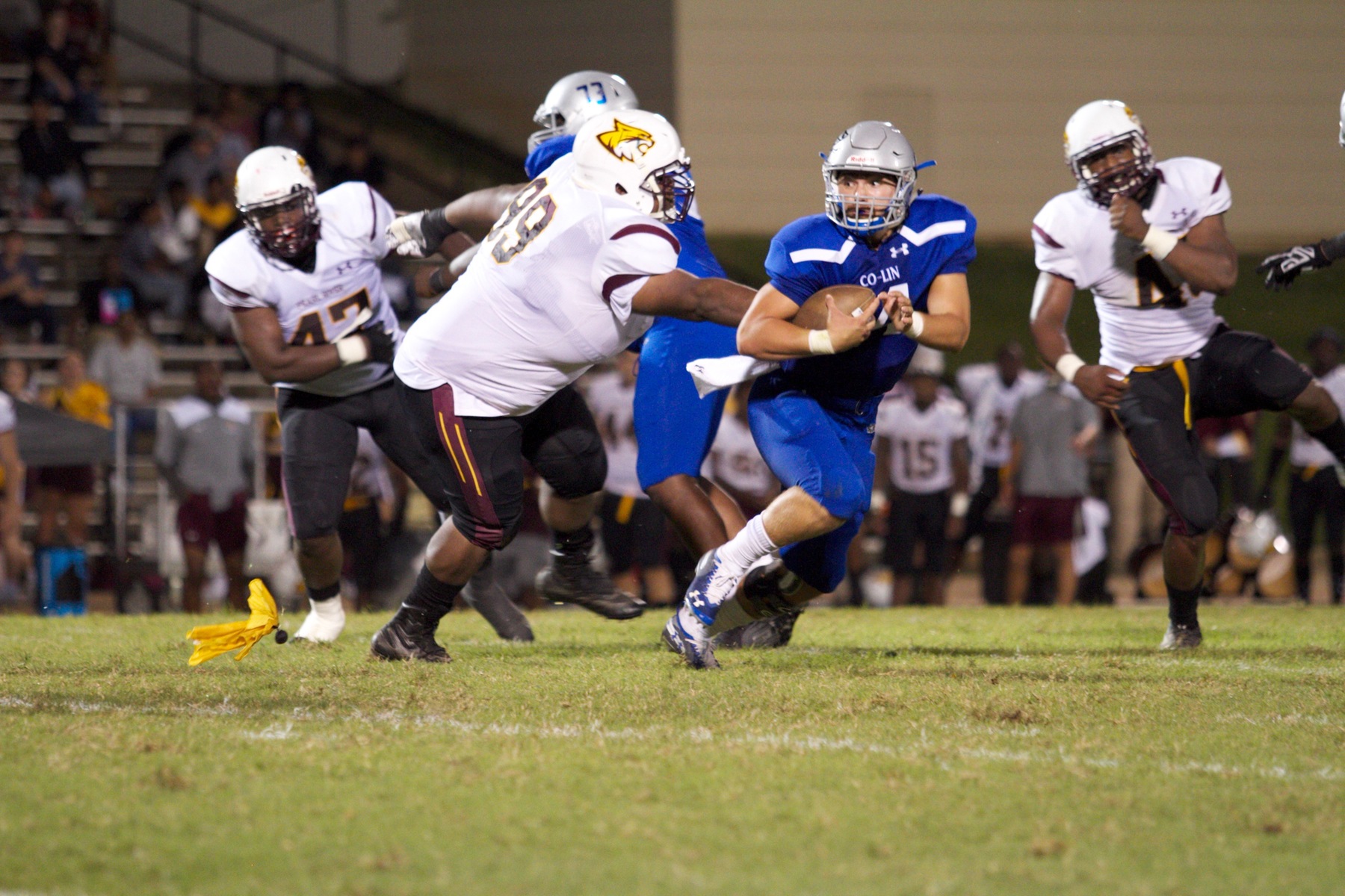 Pearl River's Terrance Monroe (99) chases down Copiah-Lincoln quarterback Hayden Davis during Thursday night's game at H.L. Stone Stadium. Co-Lin won 49-0. (CO-LIN ATHLETICS)