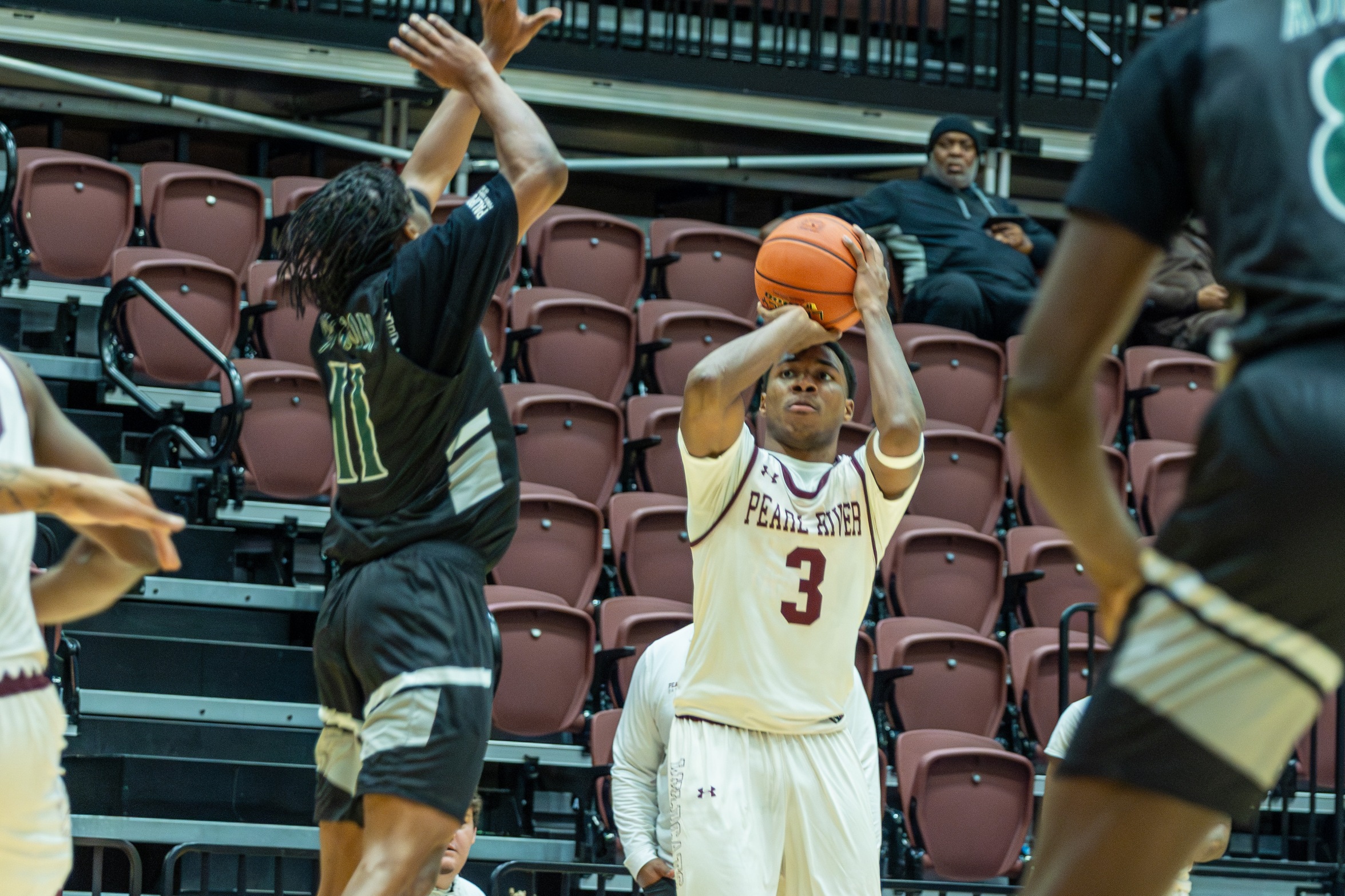 Kam Mayfield (Waynesboro; Quitman) fires a shot against Shelton State (Leighton Verge/PRCC Athletics).