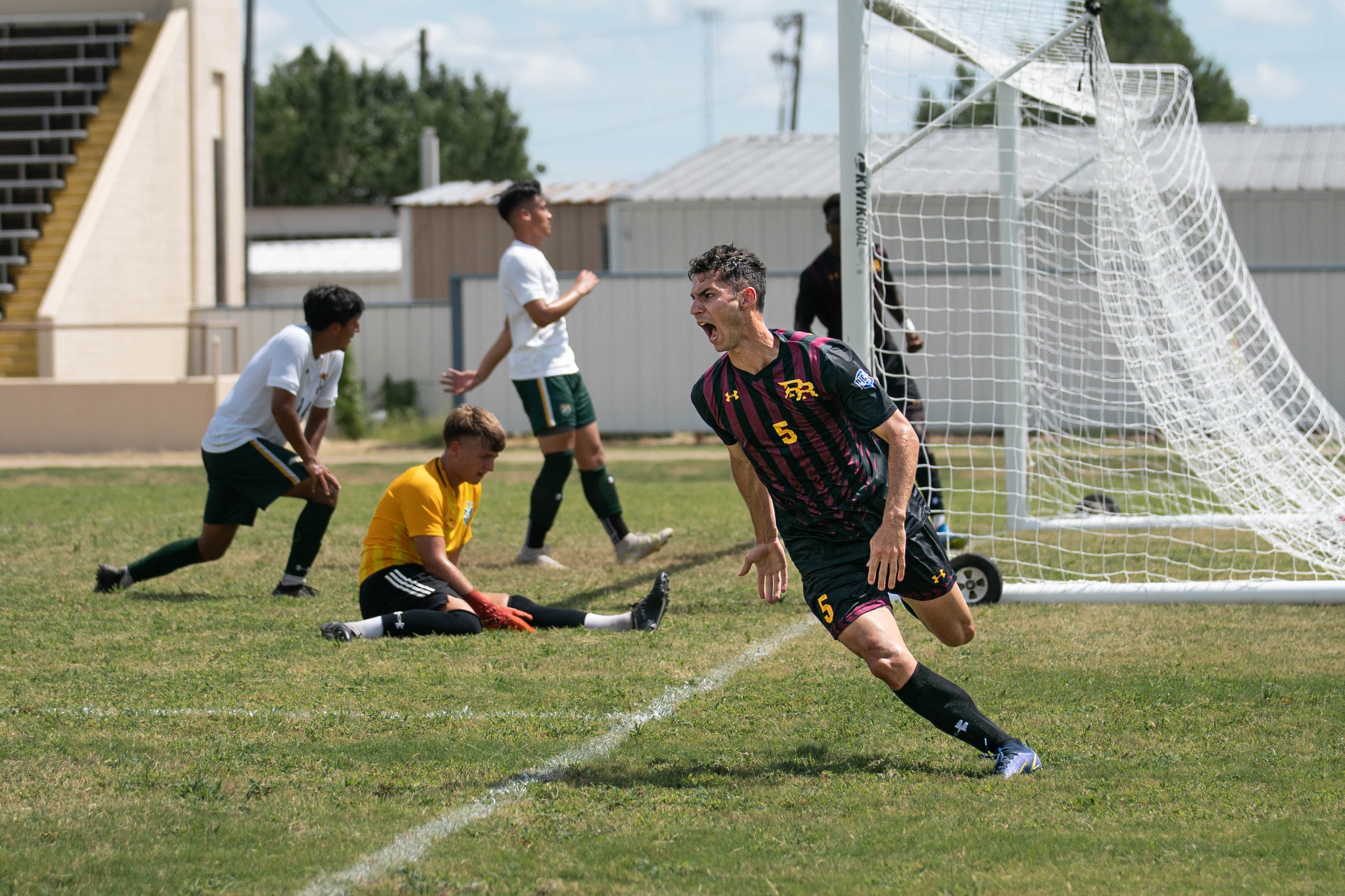 Vinny Gruba (Curitiba, Brazil.) celebrates after scoring his first Pearl River goal (River Roderick/PRCC Athletics).
